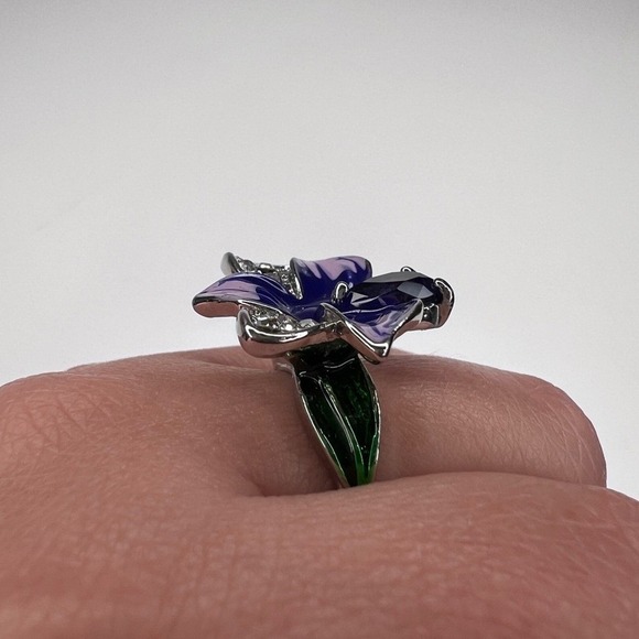 Sterling Silver Purple Orchid Flower Ring Enamel Rhinestone  Statement - Picture 5 of 9